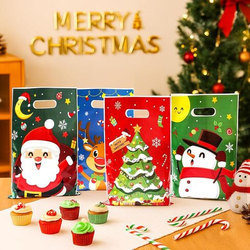 50 Pcs Christmas Gift Bags with Handles - 4 Styles Merry Christmas Trees Santa Claus Snowman Elk Plastic Bulk Treat Tote Cookie Goody Candy Snack Bags for Winter Xmas Holiday Party Decorations Favors in Saudi Arabia