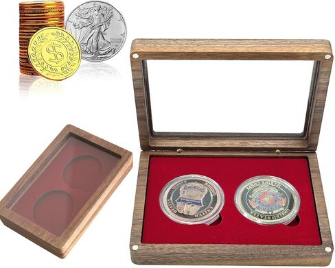 Challenge Single Coin Display Case - Walnut Wood Box with Two 1.81" Grooves for Silver Dollar Storage - DIY Adjustable Gasket (Red 2" 51mm) in Kuwait