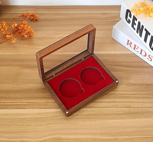 Challenge Single Coin Display Case - Walnut Wood Box with Two 1.81" Grooves for Silver Dollar Storage - DIY Adjustable Gasket (Red 2" 51mm) in Kuwait