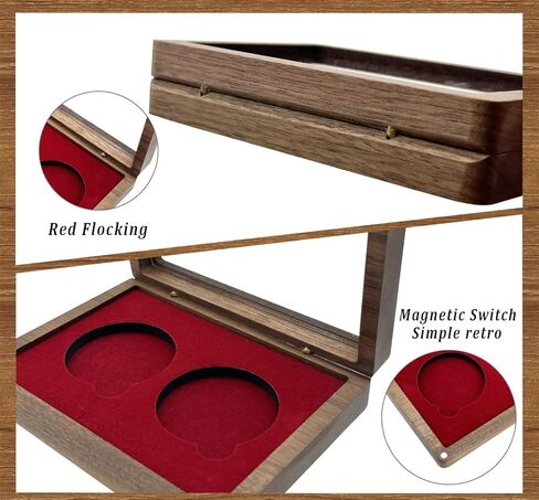 Challenge Single Coin Display Case - Walnut Wood Box with Two 1.81" Grooves for Silver Dollar Storage - DIY Adjustable Gasket (Red 2" 51mm) in Kuwait