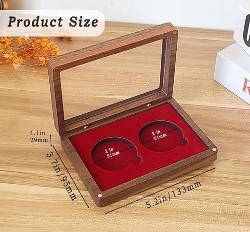 Challenge Single Coin Display Case - Walnut Wood Box with Two 1.81" Grooves for Silver Dollar Storage - DIY Adjustable Gasket (Red 2" 51mm) in Kuwait