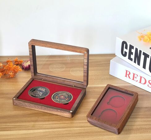 Challenge Single Coin Display Case - Walnut Wood Box with Two 1.81" Grooves for Silver Dollar Storage - DIY Adjustable Gasket (Red 2" 51mm) in Kuwait
