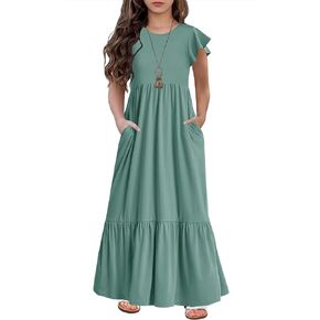 HOSIKA Girls Summer Ruffle Short Sleeve Crew Neck Loose Casual Flowy Tiered Maxi Dress with Pockets for 6-12 Y
