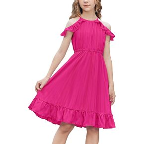 Arshiner Girls Summer Dress Casual Party Birthday Halter Neck Cold Shoulder Sundress for 5-14 Years