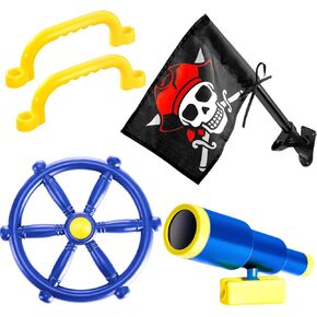 Junkin 5 Pcs Playground Equipment Plastic Pirate Steering Wheel Pirate Telescope Safety Handles Pirate Flags for Outdoor Backyard Swing Set Playhouse Tree House Jungle Gym Accessories (Green)