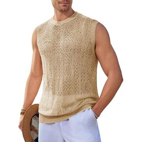 Runcati Mens Sleeveless Crewneck Tank Top Casual Hollow Out Cotton Knit Summer Beach T Shirt