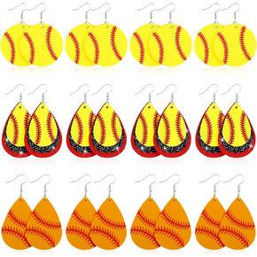 12 Pairs Leather Softball Earrings Softball Favors for Women Softball Team Gifts Teardrop Faux Leather Earrings Glittering Sequin Cheerleaders Sport Earrings for Softball Party Favor