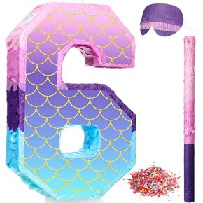 Shappy 16 Inch Mermaid Pinata Purple Number Birthday Pinata Birthday Party with Stick Blindfold Confetti for Birthday Anniversary Celebration Decoration Supplies(Number 6)
