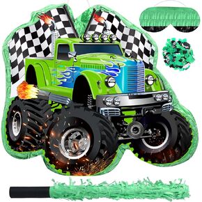 Faccito Truck Pinata for Birthday Party Supplies Green Truck Pinata with Blindfold Stick Bat Confetti Filler for Kids Boys Race Car Party Supplies Pinata Game Favors Decor, 14.1 x 12.6 x 3.2 Inch