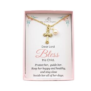 Little Girls Gold Cross Necklace - Crystal Pearl. Baptism Jewelry. First Communion Gift. Necklace for Goddaughter. Gift from Godparents. 14-inch Chain