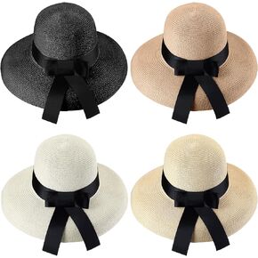 Pasimy 4 Pcs Women Cloche Straw Sun Hat Foldable Brim Vintage Straw Hats UV Protection Women Beach Hat Bow Tie Cloche Beach Fishing Cap for Summer Travel Outdoor, 4 Colors