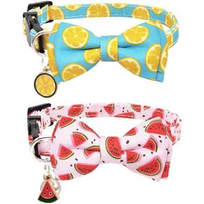Fruit Cat Collar with Bow Tie Bell and Pendants Breakaway Adjustable Kitten Collars for Spring Summer Pineapple and Orange Pattern