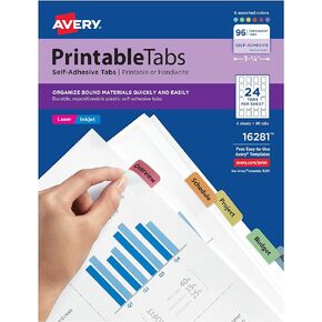 Avery Printable Self-Adhesive Plastic Tabs, 1-1/4", Repositionable Adhesive, Assorted Colors, Pack of 96 (16281)