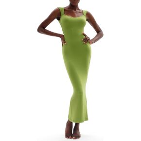PUMIEY Women's Square Neck Cap Sleeve Maxi Dress Ribbed Bodycon Dress Summer Dresses for Women