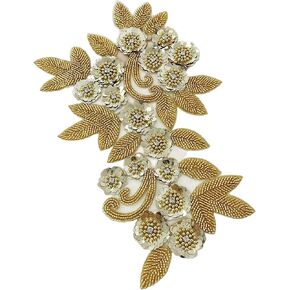 Luxury 3D Flower Beaded Lace Applique -Faux Pearl Sequin Embroidered Bodice Patch Sew on Motif for Sewing Bridal Evening Dresses Wedding Home Decorations (Gold)