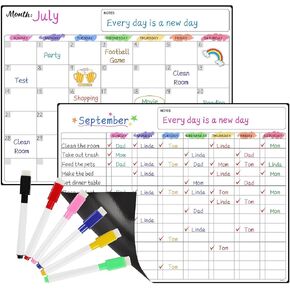Chore Chart - 2 Pcs Chore Chart for Multiple Kids & Magnetic Calendar for Fridge, Dry Erase Calendar, Family Chore Chart for Kids - Monthly Planner + Family Chores Chart & 6 Fine Tip Markers