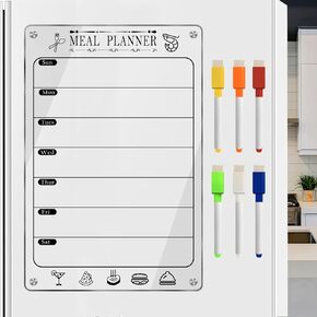 Tinucer Acrylic Menu Board for Kitchen,Magnetic Weekly Meal Planner for Fridge, Magnet Dry Erase Dinner Menu Board for Refrigerator with 6 Marker (12''x8'')