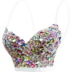 atokiss Women's Sexy Rhinestone Glitter Gemstone Push up Bustier Crop Top Club Party Corset Top Bra