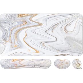 4-in-1 Large Gaming Mouse Pad, Keyboard Wrist Rest Pad & Wrist Support Mousepad Set, Extended Desk Pad Waterproof Desk Mat for Home Office Study Game-Pink Gold Marble