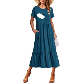 CzzzyL Women Nursing Short Sleeve Crew Neck Fall Dress Maternity Flowy Maxi Dresses Tiered Cocktail Dress with Pockets