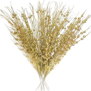Artificial Glitter Berry Stems, 24pcs 3 Styles, Glitter Picks, Decorative Glitter Sticks for Christmas Tree Vase DIY Wreath Crafts Gift Décor(Golden)