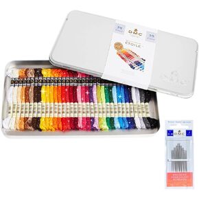 DMC Mouline Etoile Collector Tin - 35 Colorful Metallic Embroidery Thread Kit with DMC Cross Stitch Needles Size 3/9