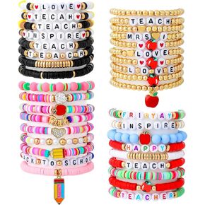 Landical 36 Pcs Graduation Teacher Bracelets Teacher Appreciation Stackable Bracelet Clay Love Teach Inspire Beaded Bracelets Preppy Jewelry Teacher Gifts