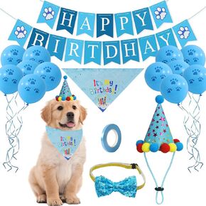 CUXFLS Dog Birthday Set, Scarf, Party Flag, Triangle hat, paw Balloon, with a Cute Bow tie and The Same Color Ties. Suitable for Small, Medium and Large Pets BU