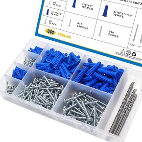 Conical Concrete Wall Anchors and Screws Assortment Kit, 340 Pcs Masonry Anchors with 3PCs Drill Bit,170 Brick Wall Anchors and 170 Self Tapping Screws, Blue