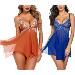 Avidlove Women Lace Lingerie Babydoll Chemise V Neck Nightwear Chemise Nightie(Dark Blue,Coppery,S) in Saudi Arabia
