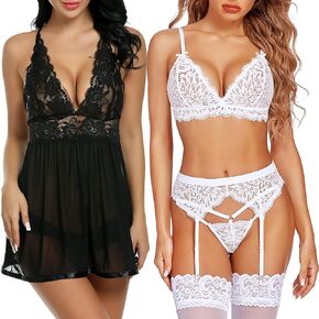 Avidlove Women lace Babydoll Mesh Chemise and Garter Lingerie Set for Women