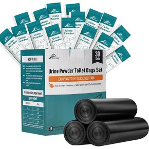 TEMPTIPS Portable Toilet Bags Set 30 Packs,Portable Camping Toilet Chemicals with 5 Gallon Bucket Toilet Luggable Drawstring Bag, Emergency Bag&Potty Urine Powder for Camping Outdoor