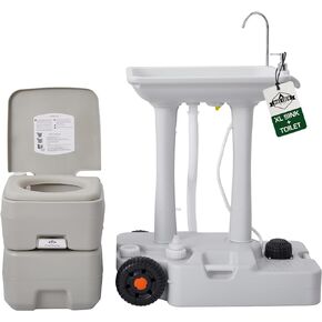 Hike Crew XL Portable Camping Sink & Toilet | Extra Large Washing Station with 8 Gal Capacity, Hands-Free Foot Pump, Faucet, Soap Dispenser & Towel Rack | Includes Travel Toilet with 5 Gal Waste Tank