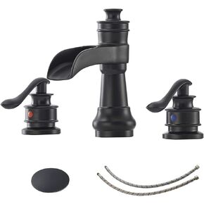 BWE Matte Black Bathroom Faucet with Drain Assembly and Supply Hose Lavatory Sink Waterfall 8 inch Widespread Bathroom Faucet 2 Handle 3 Hole Mixer Tap