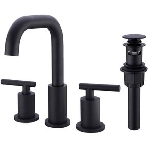 TRUSTMI Brass Bathroom Faucet 2 Handle 8 Inch Widespread Vanity Sink Mixer Faucet with Overflow Pop Up Drain Assembly Matte Black and Brushed Gold, BF1258-2L