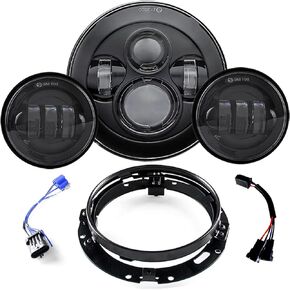 SKTYANTS 7" Inch LED Headlight Motorcycle Projector with 4.5 Inch Passing fog lights 7" Round Bracket Mounting Ring Adapters Compatible with Road King Road Glide Street Glide Electra Glide（Black）