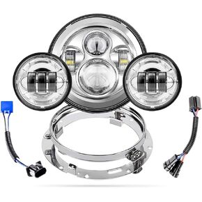 SKTYANTS 7" Inch LED Headlight Motorcycle Projector with 4.5 Inch Passing fog lights 7" Round Bracket Mounting Ring Adapters Compatible with Road King Road Glide Street Glide Electra Glide（Black）