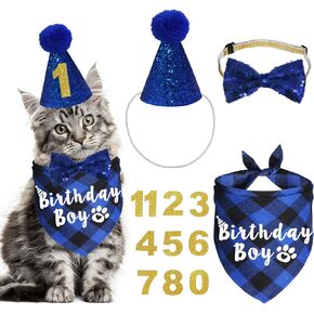 JOTFA Cat Birthday Party Supplies, Plaid Cat Kitten Birthday Boy Bandanas with Cat Birthday Hat Cat Bow Tie Birthday Number for Cat Kitten Birthday Decorations
