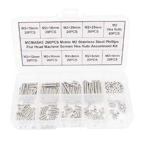 MCMASKE 750PCS M1 M1.2 M1.4 M1.6 M2 Metric Stainless Steel Phillips Flat Head Machine Screws Assortment Kit