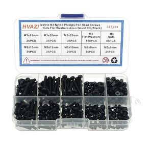 HVAZI Metric M2.5 Nylon Phillips Pan Head Screws Nuts Flat Washers Assortment Kit(Black)