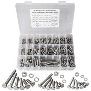 SHAOHUA 328PCS M3/M4/M5/M6/M8/M10/M12 Metric Bolt Assortment Kit, 304 Stainless Steel Heavy Duty Flat Hex Head Screws Bolts and Nuts Kit, Nuts Flat Gasket and Lock Washers Assortment Kit(Silver)