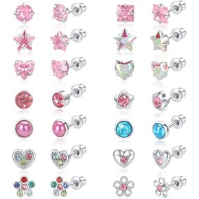 KANOUE 14 Pairs Surgical Steel Screw Back Earrings Sets Hypoallergenic Screw Back Stud Earrings Cute Heart Tiny CZ Flower Pink Stud Earrings for Kids,Toddlers, Little Girls,Teens,Women