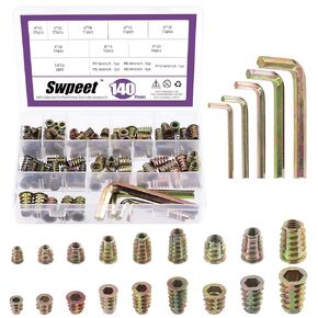 Swpeet 140Pcs M4 M5 M6 M8 M10 Metric Carbon Steel Color Zinc Plated Carbon Furniture Wood Screw in Nut Flanged Screw-in Hex Socket Drive Threaded Inserts Nuts Assortment Kit with 5Pcs Wrench