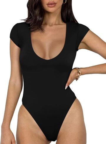 REORIA Women’s Sexy Casual Plunge Deep V Neck Cap Short Sleeve Double Lined Thong T Shirt Bodysuits Tops in Saudi Arabia