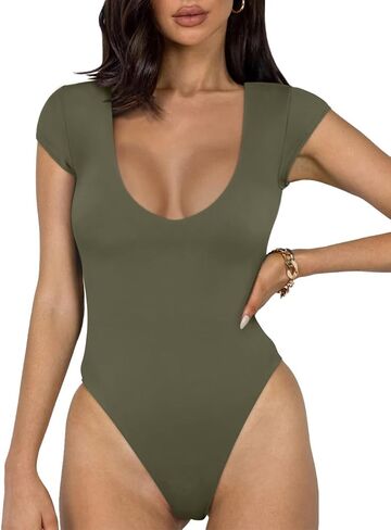REORIA Women’s Sexy Casual Plunge Deep V Neck Cap Short Sleeve Double Lined Thong T Shirt Bodysuits Tops in Saudi Arabia