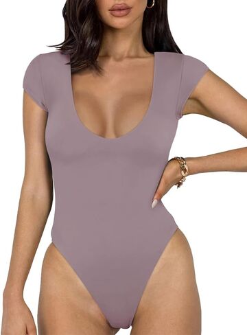 REORIA Women’s Sexy Casual Plunge Deep V Neck Cap Short Sleeve Double Lined Thong T Shirt Bodysuits Tops in Saudi Arabia