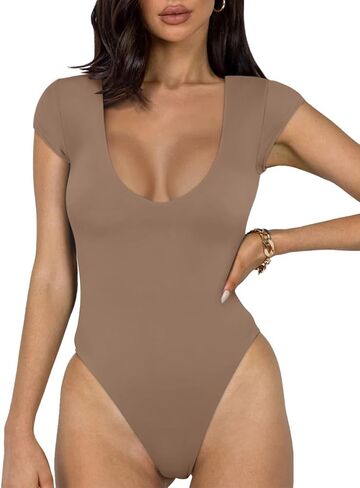 REORIA Women’s Sexy Casual Plunge Deep V Neck Cap Short Sleeve Double Lined Thong T Shirt Bodysuits Tops in Saudi Arabia