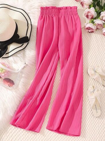 Milumia Girl's Casual Paperbag Elastic Waist Wide Leg Palazzo Pants Plisse Long Trousers in Saudi Arabia
