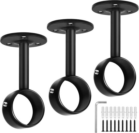 TOKPLNU Ceiling Curtain Rod Brackets, Heavy Duty Curtain Rod Holders for Wall, Stainless Steel, 3 Pack Ceiling Curtain Rod Hooks Hangers Black Closet Flange Rod Bracket Support for 1 1/4in Drape Poles in Saudi Arabia
