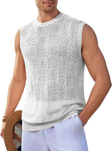 Runcati Mens Sleeveless Crewneck Tank Top Casual Hollow Out Cotton Knit Summer Beach T Shirt in Saudi Arabia